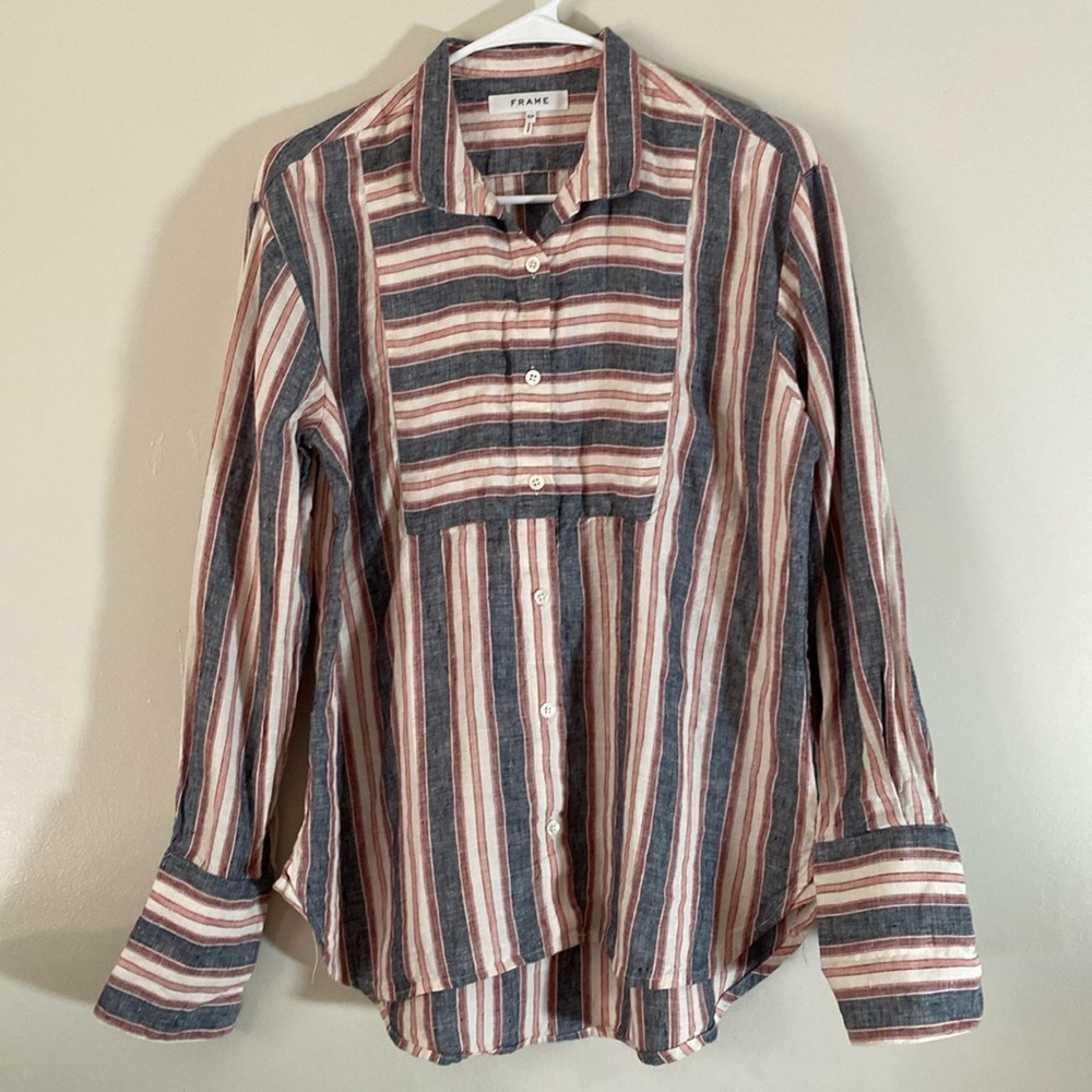 frame denim Frame Bib Striped button up  Linen Shirt - Natural White Multi